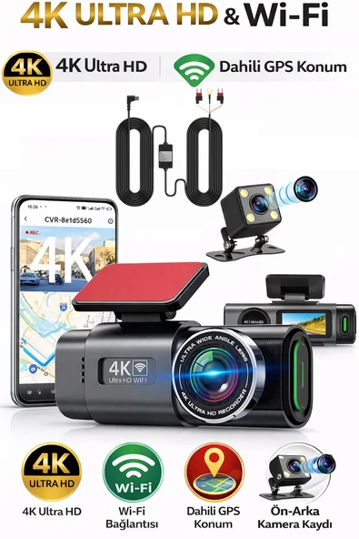 4K Araç Kamerası Çift Lens Ön-Arka - Wi-Fi GPS Park Modu Gece Görüşlü Araç içi Kamera L308 Dash Cam ürün görseli 1