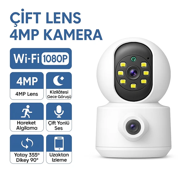 WiFi 4MP Çift Lens Güvenlik Kamerası  Gece Görüşlü, Hareket Algılamalı, İki Yönlü Sesli ürün görseli 1