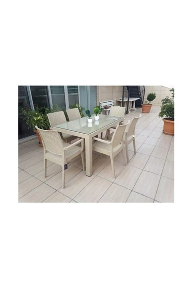 Violet 80x140 Camlı Masa 6 Sandalye Rattan Takım Çöl Beji ürün görseli 1