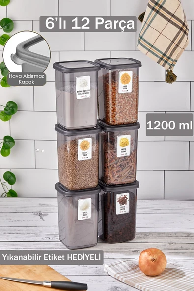 Buclee Emilia 6'lı 12 Parça Etiketli Kapaklı Kare Erzak Saklama Kabı Antrasit 6 X 1.2 Lt Bakliyat Kabı ürün görseli 1