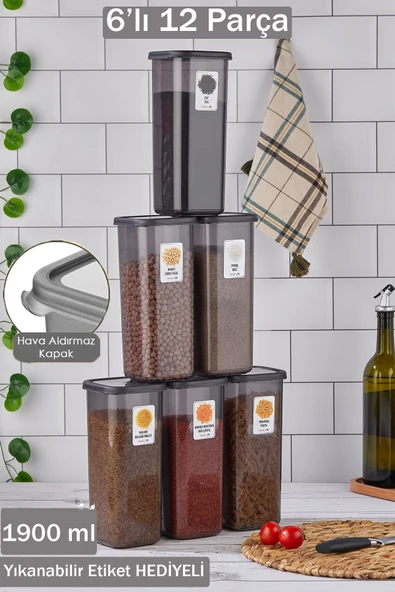 Buclee Emilia 6'li 12 Parça Kare Erzak ve Bakliyat Saklama Kabı Antrasit 6X1.90 Lt Bakliyat Kabı Etiketli ürün görseli 1