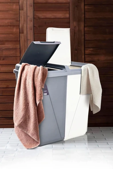 Buclee 2'li Kirli Çamaşır Sepeti | İki Bölmeli Renkli - Beyaz Banyo Çamaşır Sepeti Colormatik | 45+45 90 Lt ürün görseli 1