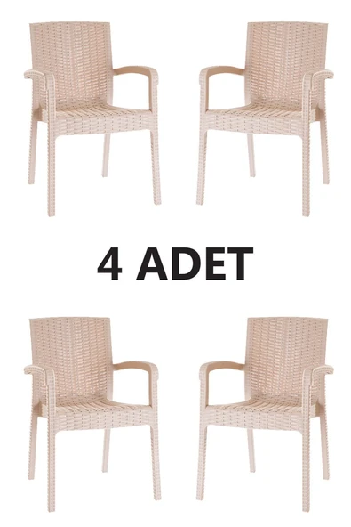 Violet Rattan Sandalye Kollu Koltuk Bahçe Balkon Teras Sandalyesi Cappuccino 4 Kişilik Set ürün görseli 1