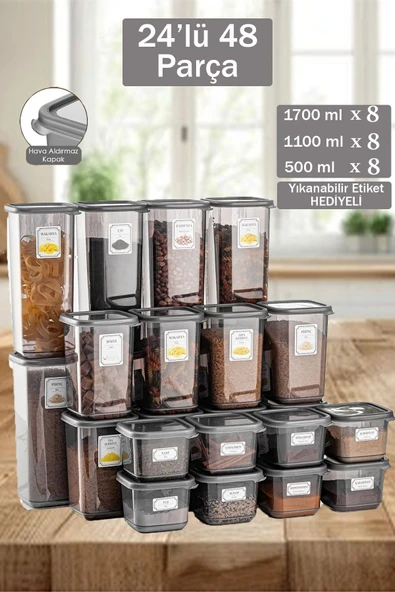 Buclee 24'lü 48 Parça Big Mega Kare Erzak ve Bakliyat Saklama Kabı Seti 8x(0,50 LT-1,10 LT-1,70 LT)Etiketli ürün görseli 1