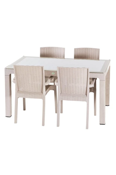 Violet Rattan 80x140cm 4lü Camlı Bahçe Mobilyası Oturma Grubu Cappucino ürün görseli 1