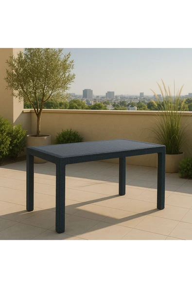 violet 6 Kişilik Antrasit Rattan Görünümlü Camlı Bahçe Masası 80x140 ürün görseli 1
