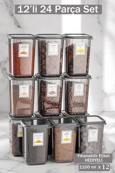 Buclee Mina 12 Adet 24 Parça Plastik Erzak Bakliyat Saklama Kabı Ve Mutfak Kiler Düzenleme Seti 12x1.10 Lt ürün görseli 1
