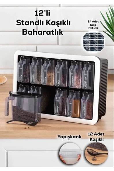 Buclee Kendinden Yapışkanlı Standlı Etiketli 12 Li Baharatlık Seti Takımı Saklama Kabı Baharatlık ürün görseli 1