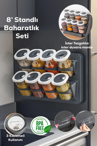 Buclee Henna 8li Etiketli Asmalı Kendinden Yapışkanlı Tezgah Üstü Standlı Döner Kapaklı Baharatlık Seti ürün görseli 1