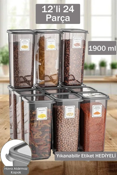 Buclee Emilia 12'li 24 Parça Kare Erzak ve Bakliyat Saklama Kabı Antrasit 12X1.90 Lt Bakliyat Kabı Etiketli ürün görseli 1
