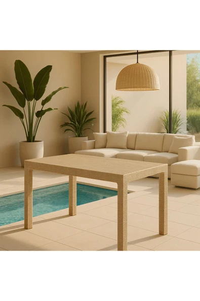 violet 6 Kişilik Capuccino Rattan Görünümlü Camlı Bahçe Masası 80x140 ürün görseli 1