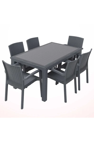 Violet Rattan 90x150cm 6lı Camlı Bahçe Mutfak Masa Takımı Antrasit ürün görseli 1