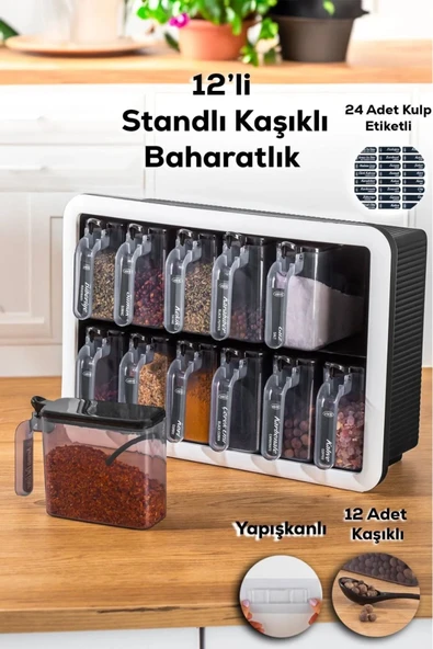 Buclee Simple Standlı 12'Li Kendinden Yapışkanlı Kaşıklı Kapaklı Baharatlık Takımı-Etiketli Baharatlık ürün görseli 1