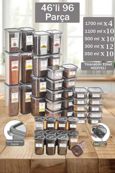 Buclee Lia 92 Parça Kare Erzak Ve Bakliyat Saklama Kabı Baharat Seti 12x300ml 10x(350ML500ML1100ML)4x1700ML ürün görseli 1