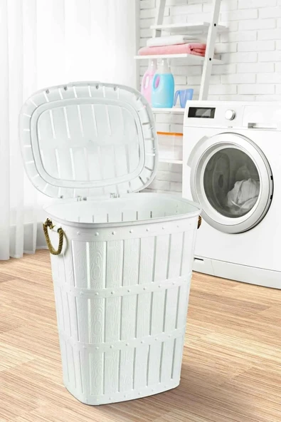 violet 65 Litre Bambu Desenli Çamaşır Sepeti, Halat Kulplu, Beyaz Renk ürün görseli 1