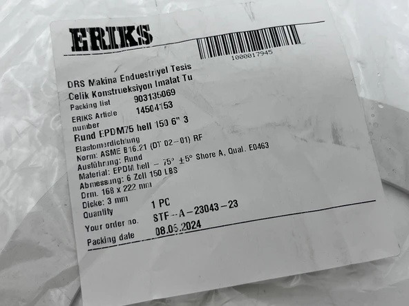 Eriks EPDM Elastomer Flanş Contası  6” 150 LBS - Resim 3