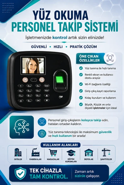 KABLOSUZ-WİFİ KARTLI YÜZ OKUMA PERSONEL TAKİP-WEB GİRİŞ-ÇIKIŞ PROGRAMI (10 KART DAHİL) ürün görseli 1