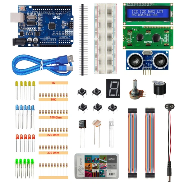 Kutulu Robotik Kodlama Arduino Uno Ekonomik Başlangıç Seti 26 Çeşit 148 Parça ürün görseli 1