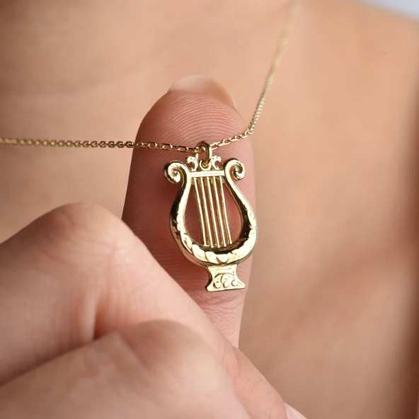 14 Ayar Altın Kaplama Lir Müzik Aleti Tasarım Gümüş Kolye - CN00442 ürün görseli 1