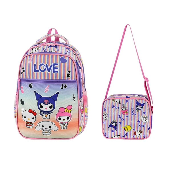 İlkokul Çantası Kuromi 2'li Set 40*30 Cm Beslenme Çantası Ortopedik Sırt Çantası Kız Çocuk ürün görseli 1