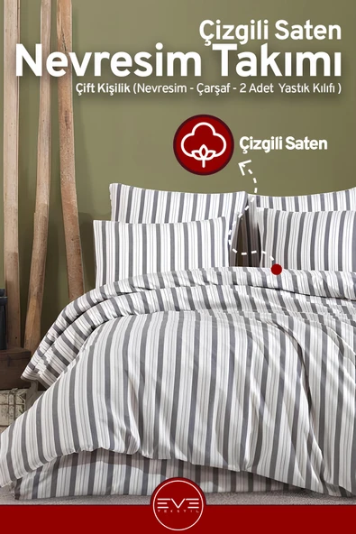 Saten Çizgili Çift Kişilik Lüks Nevresim Takımı Set 200x200 Cm ürün görseli 1