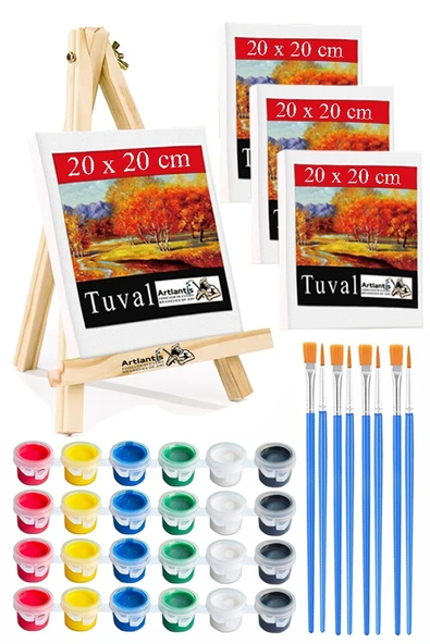 Mini Şövale 20x20 cm Tuval 3 ml Akrilik Boya 6 Renk ve Fırça 4 Adet 20x20 Mini Tuval Masaüstü Küçük Şövale Boyama Seti ürün görseli 1
