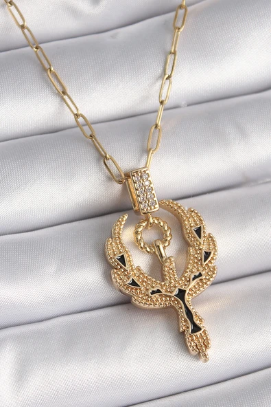 Anka Kuşu Tasarımlı Gold Renk Zirkon Taşlı Kadın Kolye - BKO9528-ST ürün görseli 1