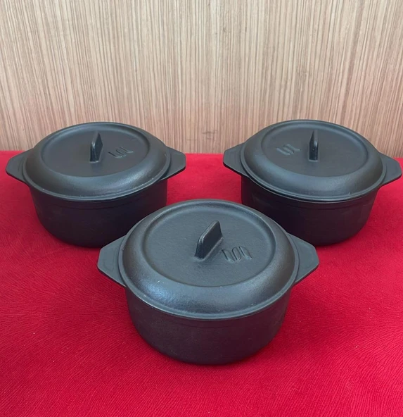 SÜREL DÖKÜM 12 CM 3 LÜ YUVARLAK SET GÜVEÇ TENCERE MAT SİYAH ürün görseli 1