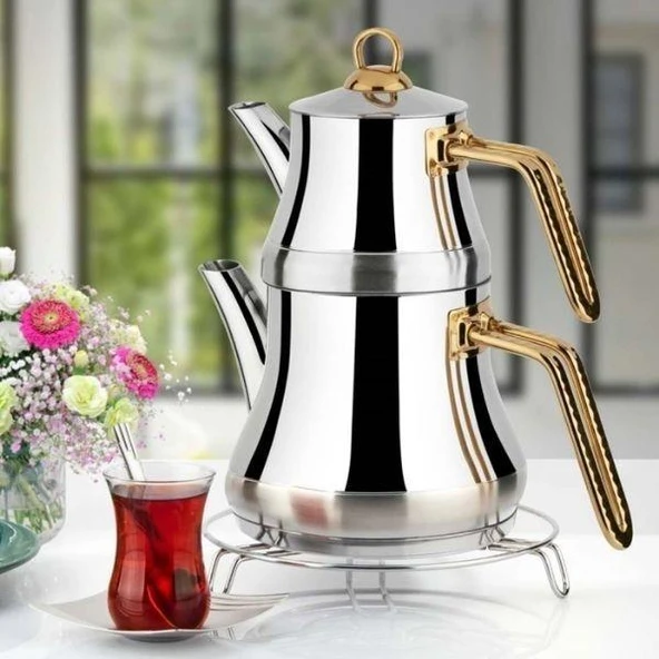 Yonca Lines L-3089 Naz Mini Boy Çelik Çaydanlık Takımı Altın Desenli Kulp ürün görseli 1