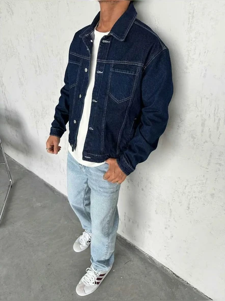 Basic Oversize Kot Ceket - Lacivert - Resim 2