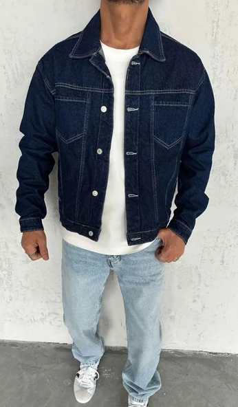 Basic Oversize Kot Ceket - Lacivert - Resim 3
