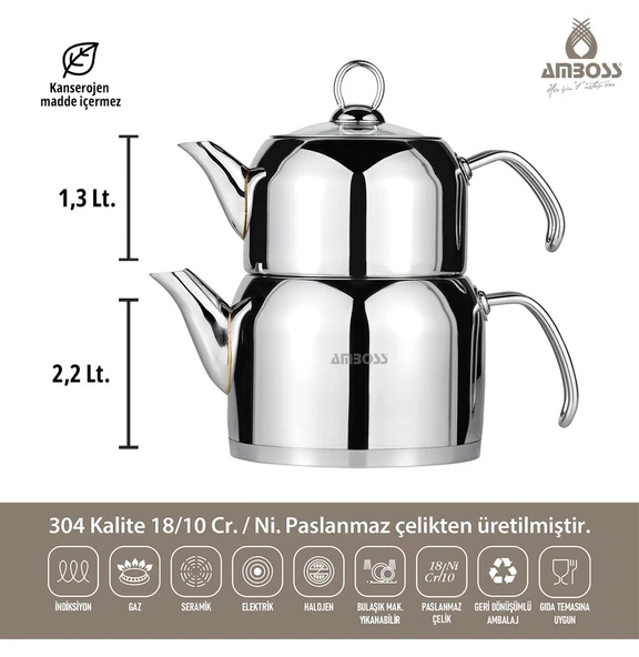 Amboss Saphire Çelik Saplı Orta Boy Çaydanlık - Resim 3