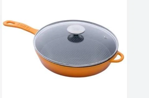 SÜREL DÖKÜM 28 CM BETEKLİ  YUVARLAK CAM KAPAKLI TAVA TURUNCU ürün görseli 1