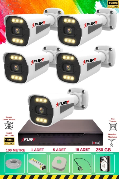 FURY 5 Kameralı 6 Warm Led Gece Renkli Görüş-Cepten İzle-Su Geçirmez Güvenlik Kamerası Seti 250GB ürün görseli 1