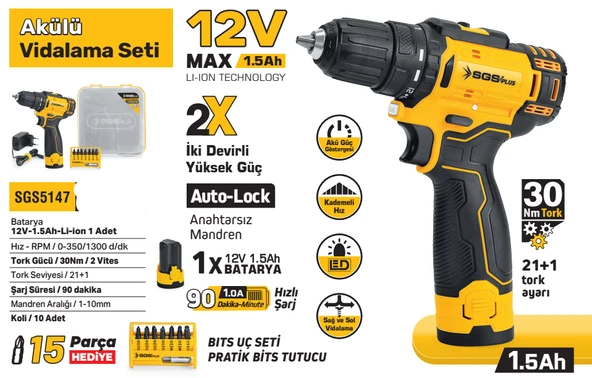 SGS AKÜLÜ VİDALAMA SETİ 12 VOLT (1.5Ah) (BİTS UÇ SETİ) - Resim 2