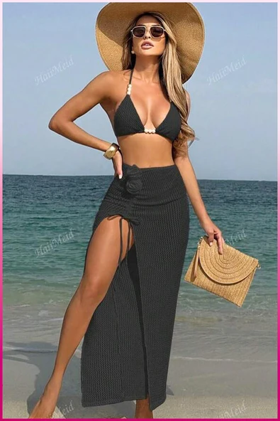 İncili Plaj Üçlü Set,Siyah Örgü Bikini Üstü , Yüksek Bel Yırtmaçlı Etek, Yazlık Tatil Takımı ürün görseli 1