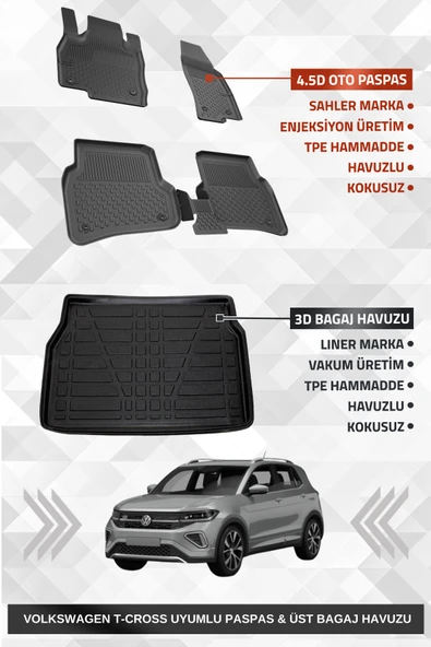 Sahler Volskwagen T-Cross 2022+ Uyumlu 4.5D Premium Havuzlu Oto Paspas ve Liner Marka 3D ÜST Bagaj Havuzu ürün görseli 1