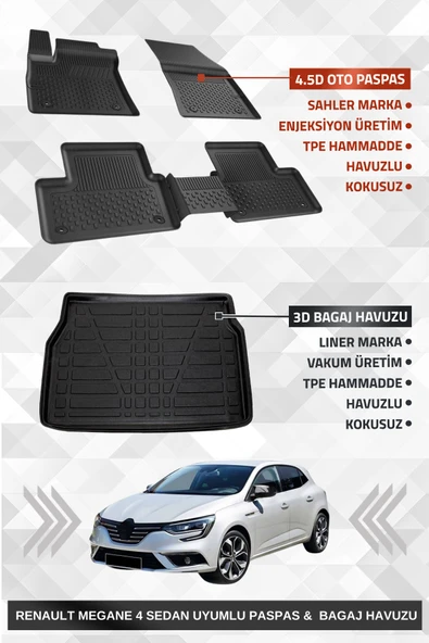 Sahler Renault Megane 4 Sedan 2016+ Uyumlu 4.5D Premium Havuzlu Oto Paspas ve Liner Marka 3D Kulaklı Bagaj Havuzu ürün görseli 1