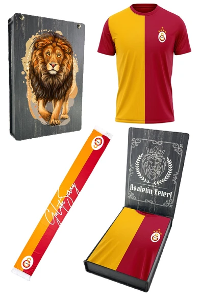 Galatasaray Lisanslı 5 Yıldızlı Sarı Kırmızı Erkek T-Shirt + Şal Kaşkol Set Hediyelik Ahşap Kutulu ürün görseli 1