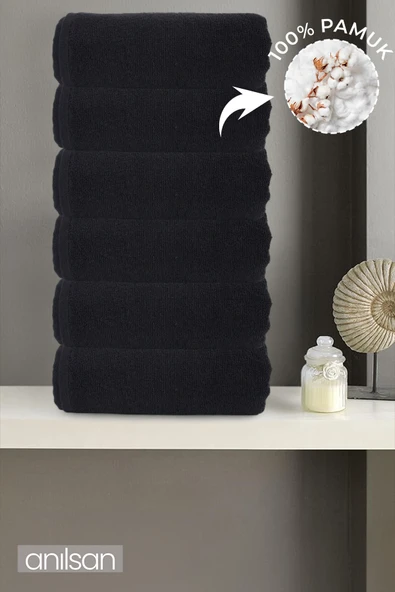6'lı Düz Siyah El Havlusu - 50x90 Cm, 225 Gr, %100 Pamuk, Spa Ve Otel Havlusu ürün görseli 1