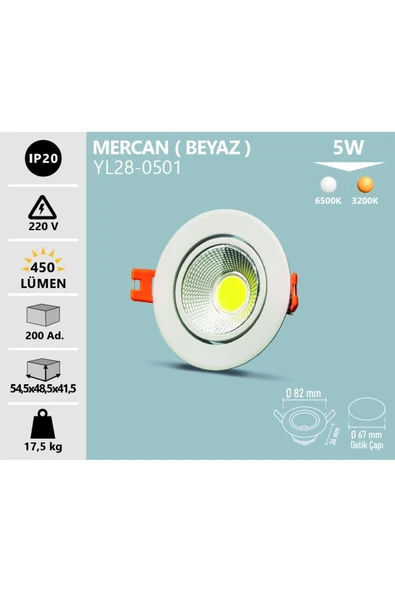 Noas 5w Cob Led Spot Mercan Beyaz Kasa Gün Işığı ürün görseli 1