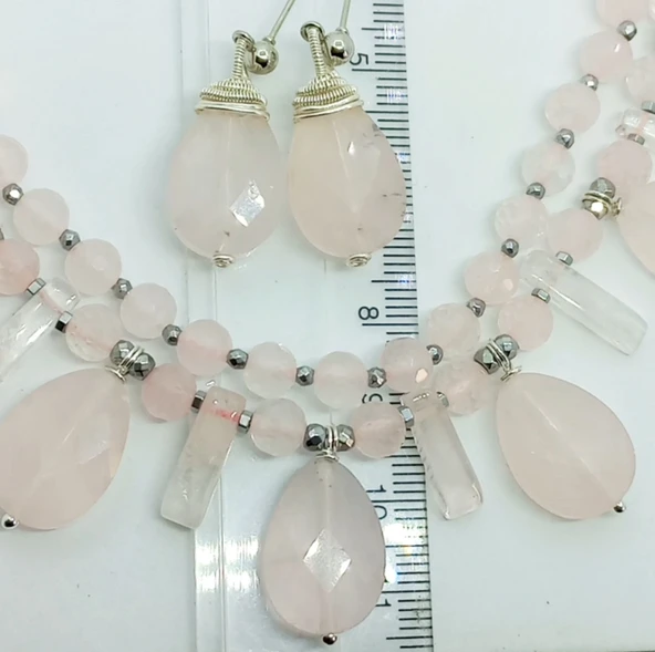 2261 Pembe Kuvars el yapımı küpe - Resim 2