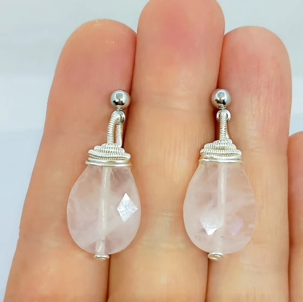 2261 Pembe Kuvars el yapımı küpe - Resim 8