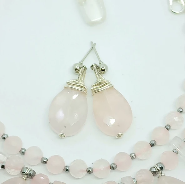 2261 Pembe Kuvars el yapımı küpe - Resim 5