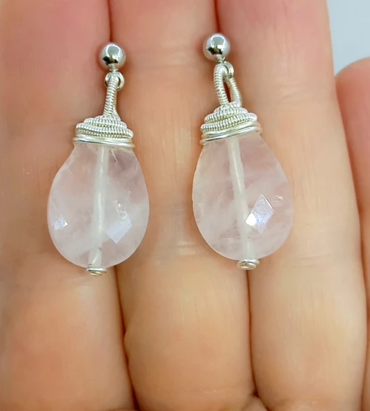 2261 Pembe Kuvars el yapımı küpe - Resim 3