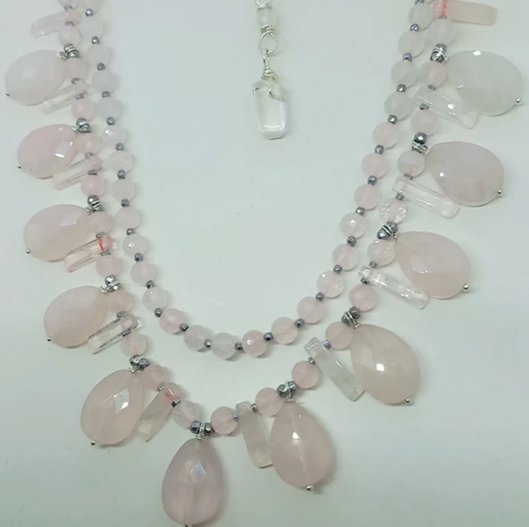 2260 Pembe Kuvars çift sıralı el yapımı kolye - Resim 8