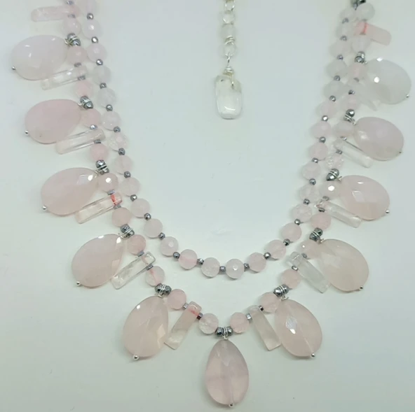 2260 Pembe Kuvars çift sıralı el yapımı kolye - Resim 2