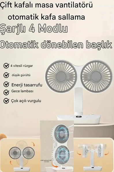 Masaüstü Dijital Ekranlı Çift Fanlı Led Işıklı Soğutucu Fan Ev Ofis Şarjlı Vantilatör ürün görseli 1