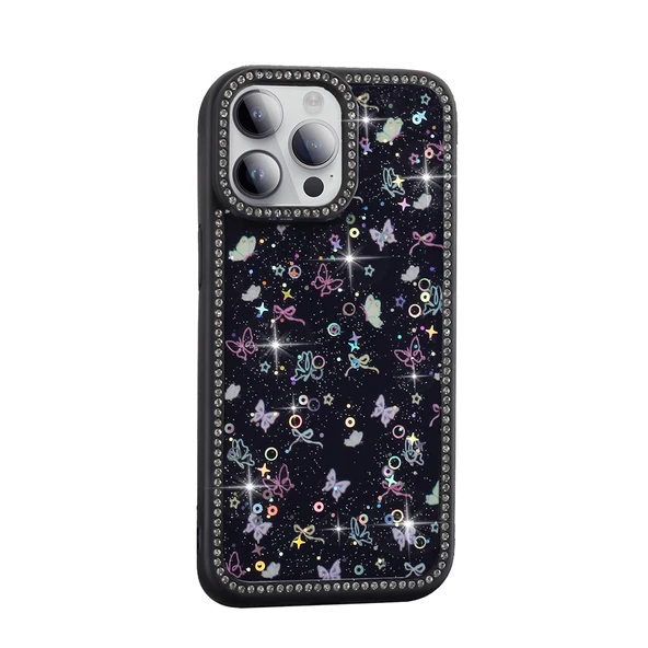 Gpack Apple iPhone 14 Pro Max uyumlu Kılıf Simli ve Taşlı Dizayn Azra Kapak ürün görseli 1