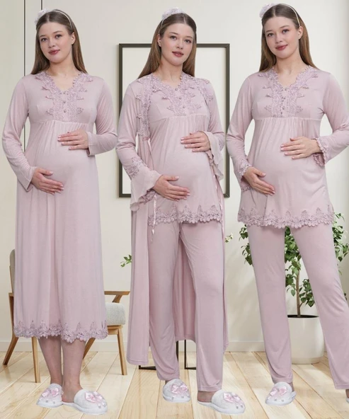 Mecit 1519 Hamile Lohusa Gül Kurusu Sabahlık Gecelik Pijama Seti ürün görseli 1